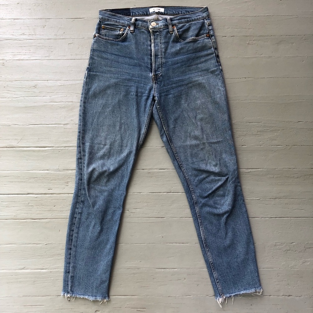 Re/Done High Rise Straight Jeans Size 30 Hidden Button Fly Raw Hems FLAWS